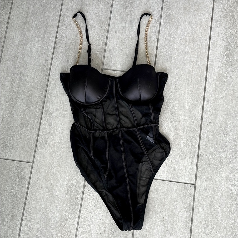 Fashion Nova Black Bodysuit with Gold Straps